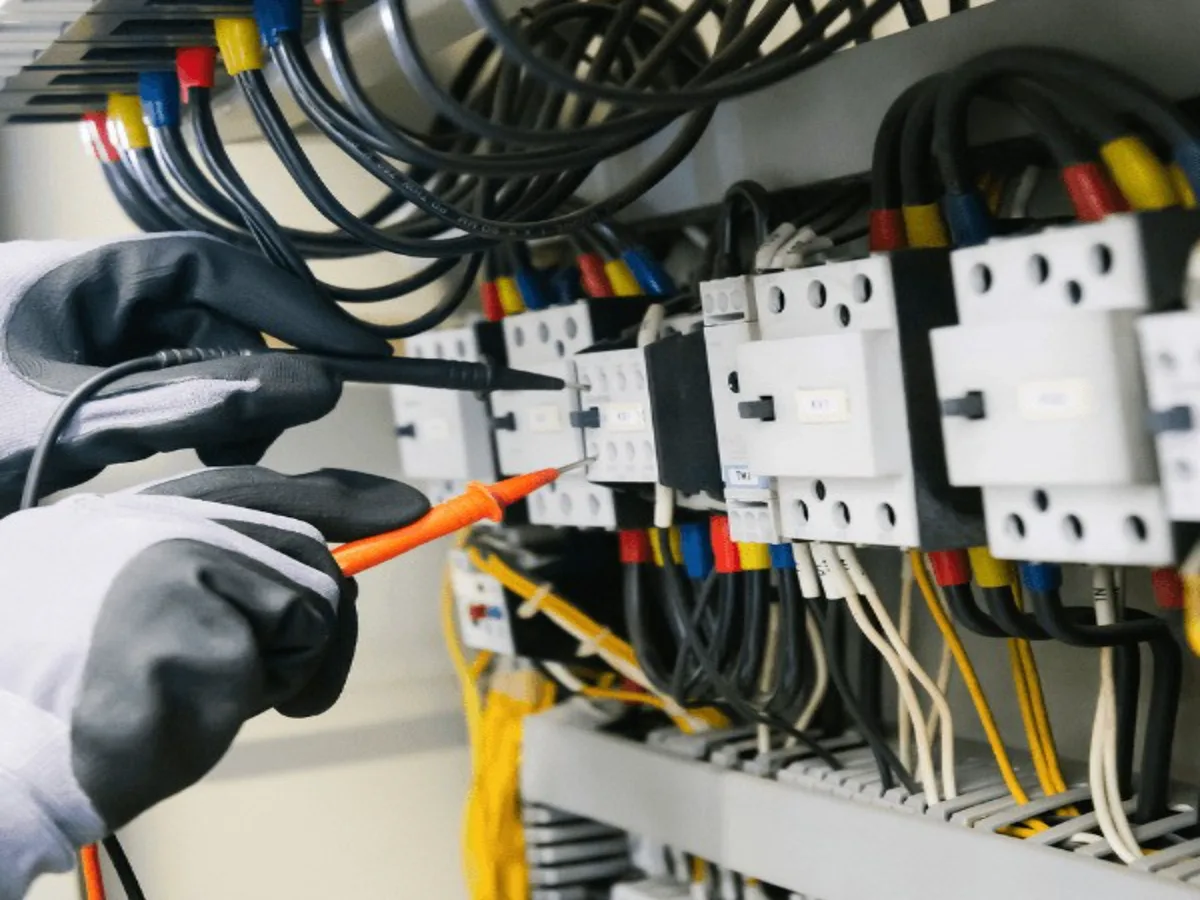 Eine Person mit Schutzhandschuhen prüft mit einem Multimeter und orangefarbenen Messspitzen die Bauteile in einem Schaltschrank.
